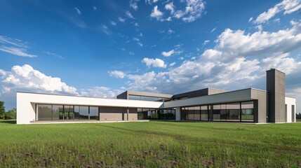 Poster - The image highlights a minimalist modern building with an expansive glass and white facade set against a clear, open sky, emphasizing simplicity and modern architecture.