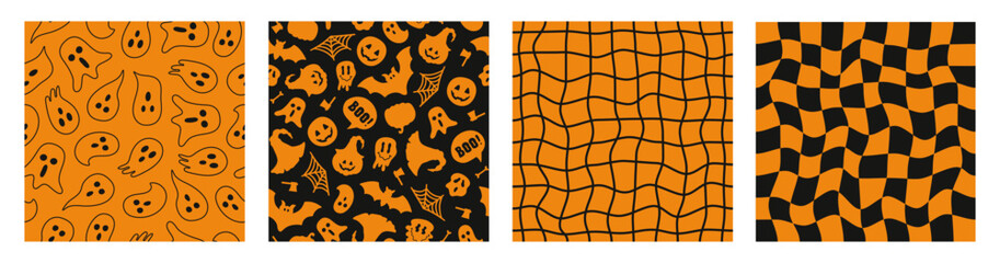 Poster - Halloween set seamless patterns with bat, ghost, spider, pumpkin. Checkered linear background. Funny flat silhouette elements. Black and orange colors. Vector illustration