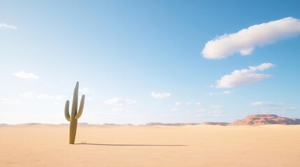 Single cactus in a vast desert landscape under a blue sky.