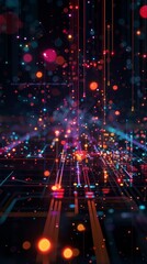 Wall Mural - A neon-lit circuit board filled with colorful particles, lines, and elements that represent the workings of modern technology and digital communication networks.