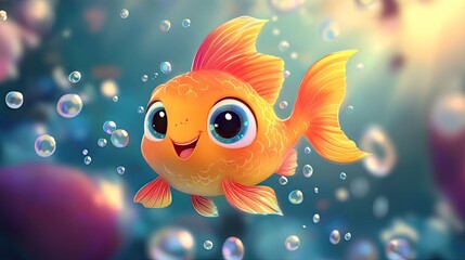 Wall Mural - A happy, chubby cartoon fish with big eyes and colorful scales, swimming through a sea of bubbles in a bright underwater world.