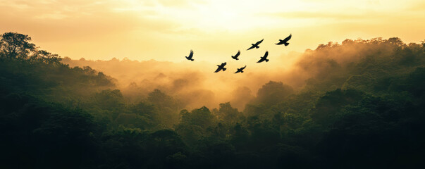 Group of birds flying above a dense forest, monochrome theme, twilight sky.