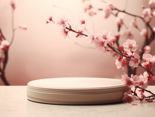 Canvas Print - Unbelievable Empty wooden podium for product presentation white gypsophila flowers on grey background