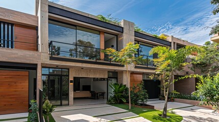 Sticker - This image showcases a contemporary two-story house featuring large glass windows, wood accents, and lush tropical landscaping under a clear, sunny sky.