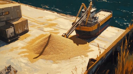 Wall Mural - A large pile of grain being carefully unloaded from a ship, spreading out calmly across the ground, depicting a peaceful and controlled agricultural scene.