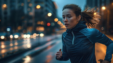 Wall Mural - A close-up of a woman running at dusk, confident expression, illuminated by the soft glow of streetlights,