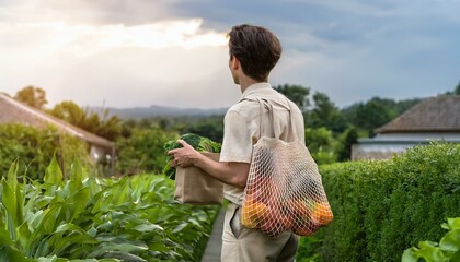 Eco-Friendly Lifestyle Photograph – Reusable Bag with Organic Produce in Community Garden