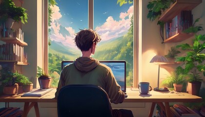 A man working remotely from home, anime style sitting at a desk in a cozy  room. he is focused on his laptop with a cup of coffee , natural light flooding through a window in the background.