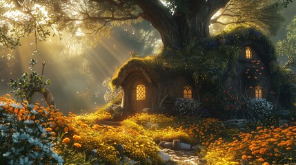 Canvas Print - A whimsical house in a fairytale-like forest, illuminated by sunlight beams, surrounded by vivid flowers and trees, capturing the magic and beauty of nature.