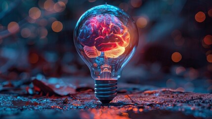 Sticker - A creative concept image featuring a lightbulb containing a glowing miniature brain, symbolizing ideas and innovation.