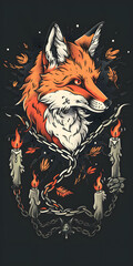 Tribal Fox Tattoo .chain and candles black and white illustration