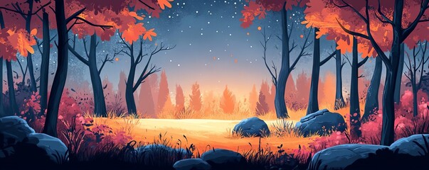 Serene forest landscape under a starry sky with vibrant autumn foliage and glowing horizon, perfect for nature-inspired projects.