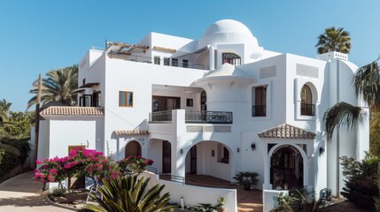 Sticker - A beautiful white villa in Mediterranean style is shown with lush gardens and palm trees, bathed in sunlight during a clear day.