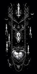 Tribal Heart Tattoo .chain and candles black and white illustration