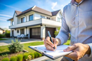 A real state agent standing in the front of modern house and writing on documents 