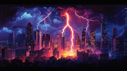 Wall Mural - A dramatic cityscape illuminated by lightning amidst a storm, showcasing vibrant colors and energy.