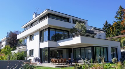 Poster - A contemporary villa featuring extensive windows, large terraces, and a sleek white facade, surrounded by lush garden greenery on a sunny day.