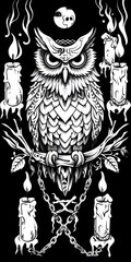 Tribal Owl Tattoo .chain and candles black and white illustration