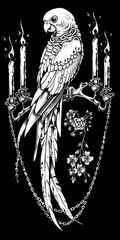 Tribal Parrot Tattoo .chain and candles black and white illustration