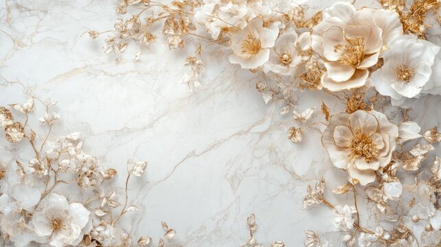 A symphony of gold floral elements gracefully arranged on a white marble background, perfect for an exclusive wedding design