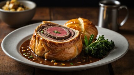 stock photography sizzling beef wellington prepared aesthetically with a background of wooden table