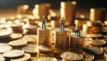 A whimsical and surreal scene depicting two tiny figurines standing atop stacks of golden coins, surrounded by scattered coins on a blurred background, a metaphor for wealth disparity and financial in