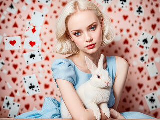 Wall Mural - Portrait of a beautiful and noble girl Alice with a white rabbit