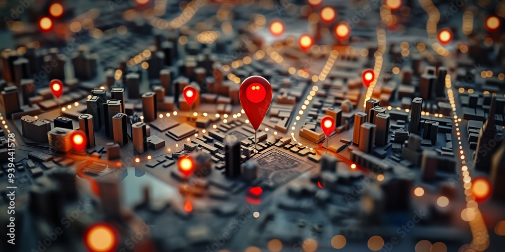 Digital map of city red pins and location marker, global flight ...