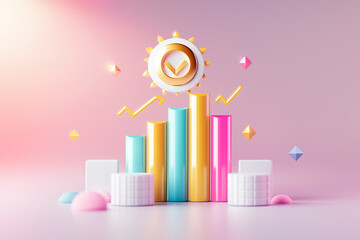 A vibrant display features 3D bars in various colors, representing positive growth trends, complemented by a sun icon and geometric shapes against a pastel background