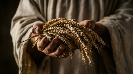 Jesus holds a sheaf of wheat in his hands. Realistic photography.