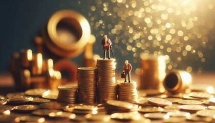 A whimsical and surreal scene depicting two tiny figurines standing atop stacks of golden coins, surrounded by scattered coins on a blurred background, a metaphor for wealth disparity and financial in