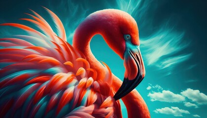 pink flamingo with colorful feathers, vibrant red and orange plumage, large curved beak, piercing blue eye, close-up portrait, turquoise sky background with clouds, surreal lighting, dreamlike mood, w