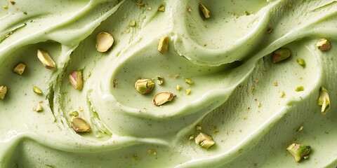 Creamy green pistachio gelato, swirling spiral patterns, rich textures, crushed pistachio nuts scattered, macro close-up, dreamy colors