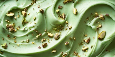 Creamy green pistachio gelato, swirling spiral patterns, rich textures, crushed pistachio nuts scattered, macro close-up, dreamy colors