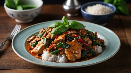 stock photography sizzling thai basil chicken prepared aesthetically with a background of wooden table