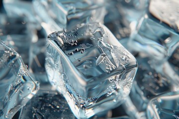 Poster - Ice cubes with water drops melting on a reflective surface