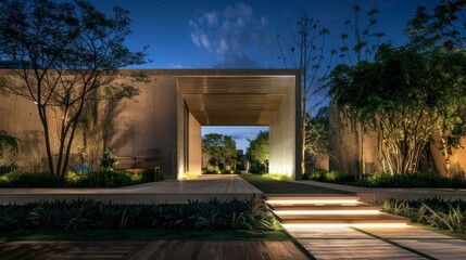 A contemporary architectural building at night, illuminated with lighting, featuring a pathway and surrounded by lush greenery.