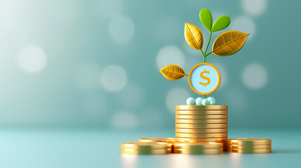Poster - A small green plant with golden leaves emerges from a stack of coins, representing the concept of financial growth and prosperity against a soft, blurred background