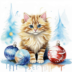 Wall Mural - cute fluffy cat and Christmas balls, preparations for the New Year and Christmas, winter holidays, happy December. a pet. watercolor illustration. artificial intelligence generator, AI, neural network