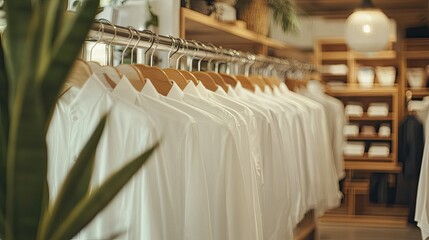 Neatly hung white shirts on a rack, bright and clean men's fashion store, sophisticated vibe