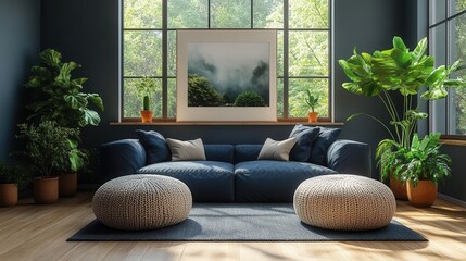 scandinavian living room corner dark blue sofa with two cozy knitted poufs minimalist yet warm interior design showcasing modern nordic aesthetics and comfort