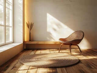 Poster - minimalist interior with dramatic chiaroscuro lighting stark contrast between light and shadow emphasizes clean lines of empty space and texture of wooden floor