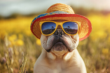 Wall Mural - Funny French Bulldog dog with sunglasses and summer straw hat in front of meadow