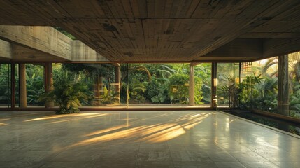 Poster - Interior space designed to blend with nature, featuring concrete architecture, large glass windows, and a lush green view