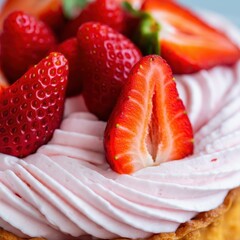 A macro photography of a pink creamy dessert topped with fresh strawberries, intricate swirls of whipped cream, closeup texture of the smooth and fluffy cream, vibrant red color of the ripe berries ag