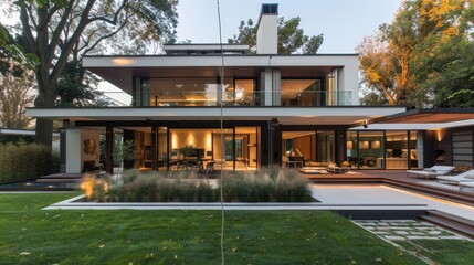 Sticker - A luxurious modern home featuring glass walls, an expansive outdoor terrace, lush lawn, and elegant design details set against a serene backdrop.