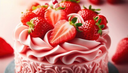 Wall Mural - A macro photography of a pink creamy dessert topped with fresh strawberries, intricate swirls of whipped cream, closeup texture of the smooth and fluffy cream, vibrant red color of the ripe berries ag