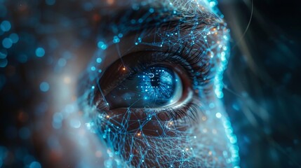 A close-up image of an eye encased in a digital network, symbolizing the intersection of technology and human connection.