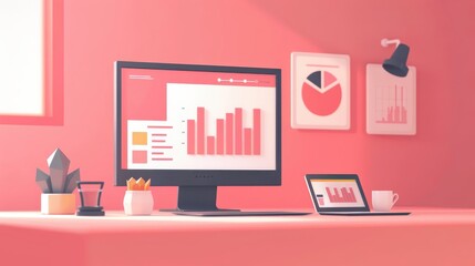 Poster - Modern workspace featuring desktop and laptop with data charts on screens, in a pink-themed office setting bathed in natural light.