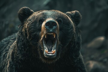 large brown bear is roaring aggressively showing its teeth and claws in a natural environment